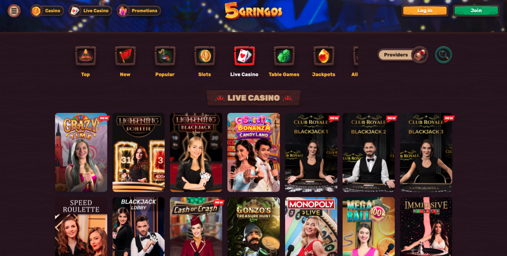 Jeux en direct disponibles sur le casino en ligne 5Gringos