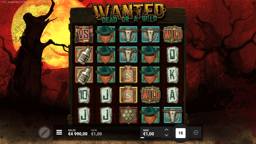 Fonctionnalité avec le symbole VS sur la machine a sous Wanted Dead or a Wild de Hacksaw Gaming