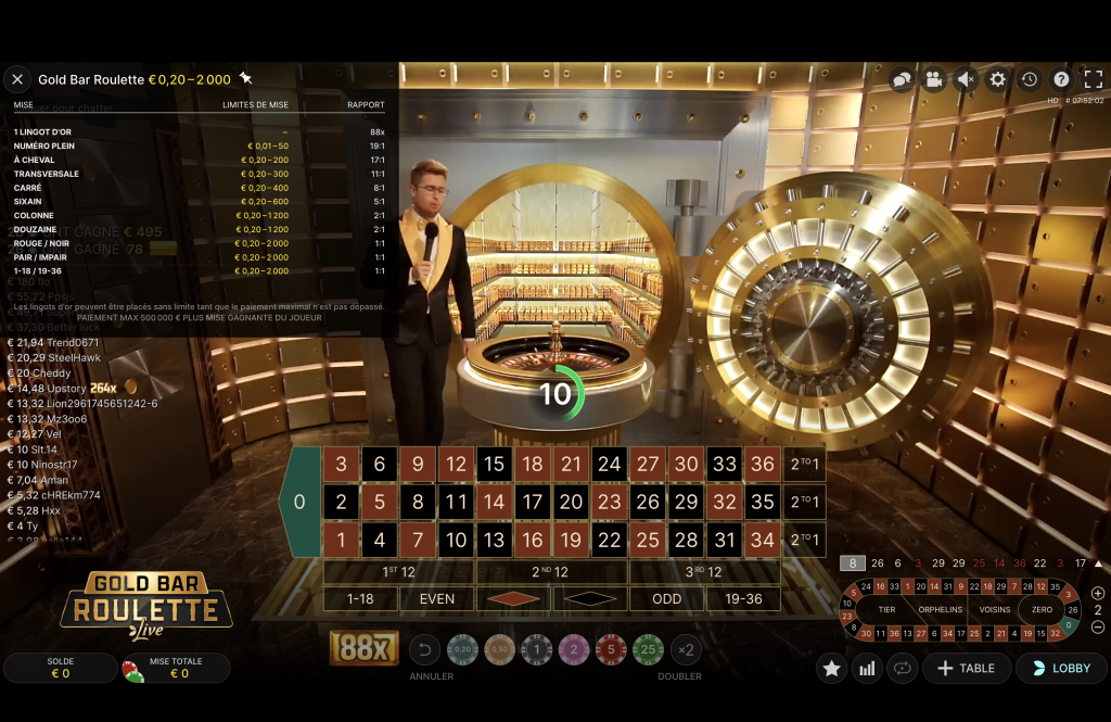 Le gain maximal ainsi que les mises disponibles sur la Gold Bar Roulette, dernier jeu d’Evolution Gaming