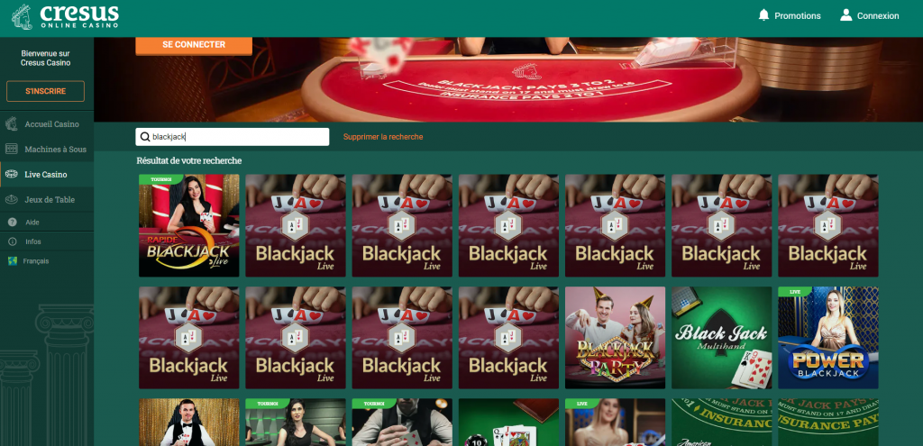 T : Cresus Casino est une plateforme qui met à votre disposition de nombreuses tables de blackjack