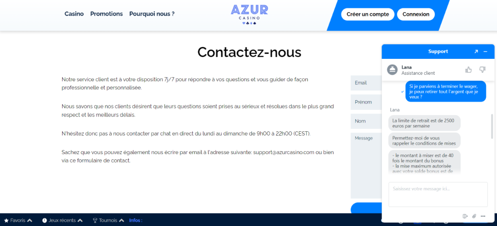 Support Client sur Azur Casino