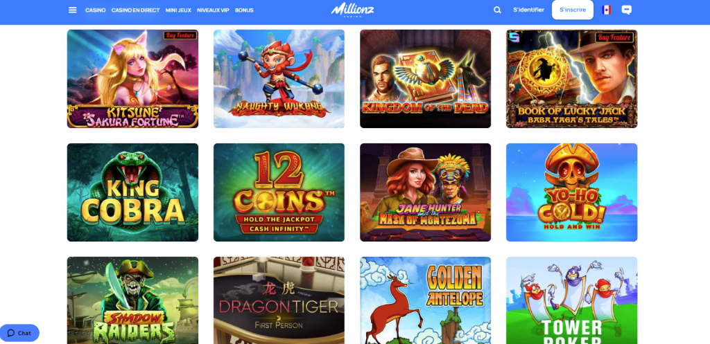Interface du casino en ligne Millionz