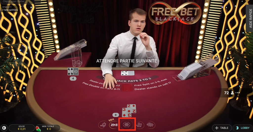 La mise centrale au Free Bet Blackjack vous permet de jouer contre le croupier