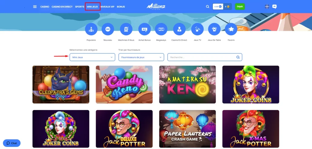 Mini-jeux Millionz Casino
