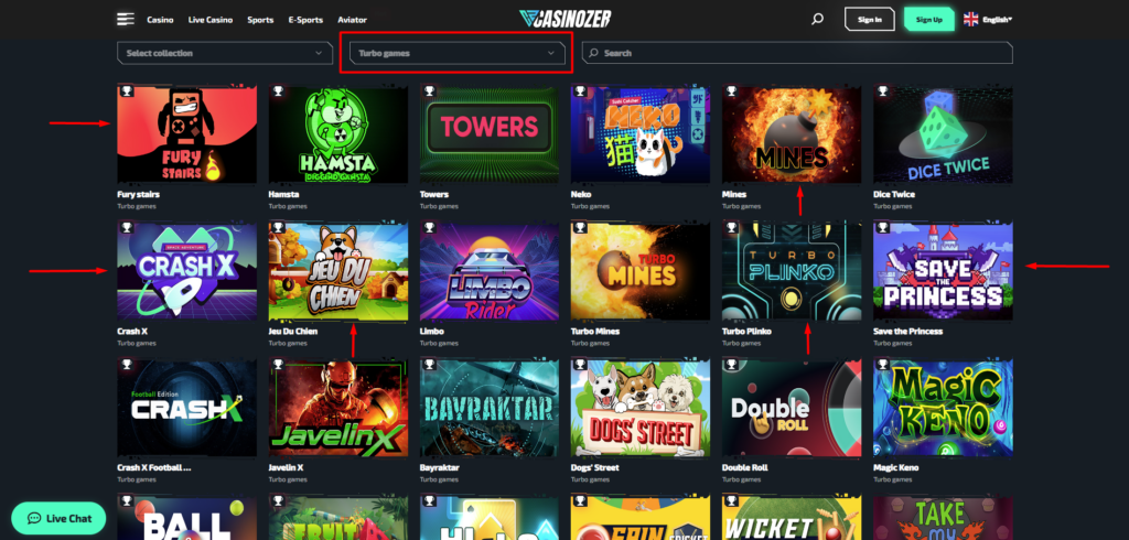 Les mini-jeux du provider Turbo Games sur Casinozer