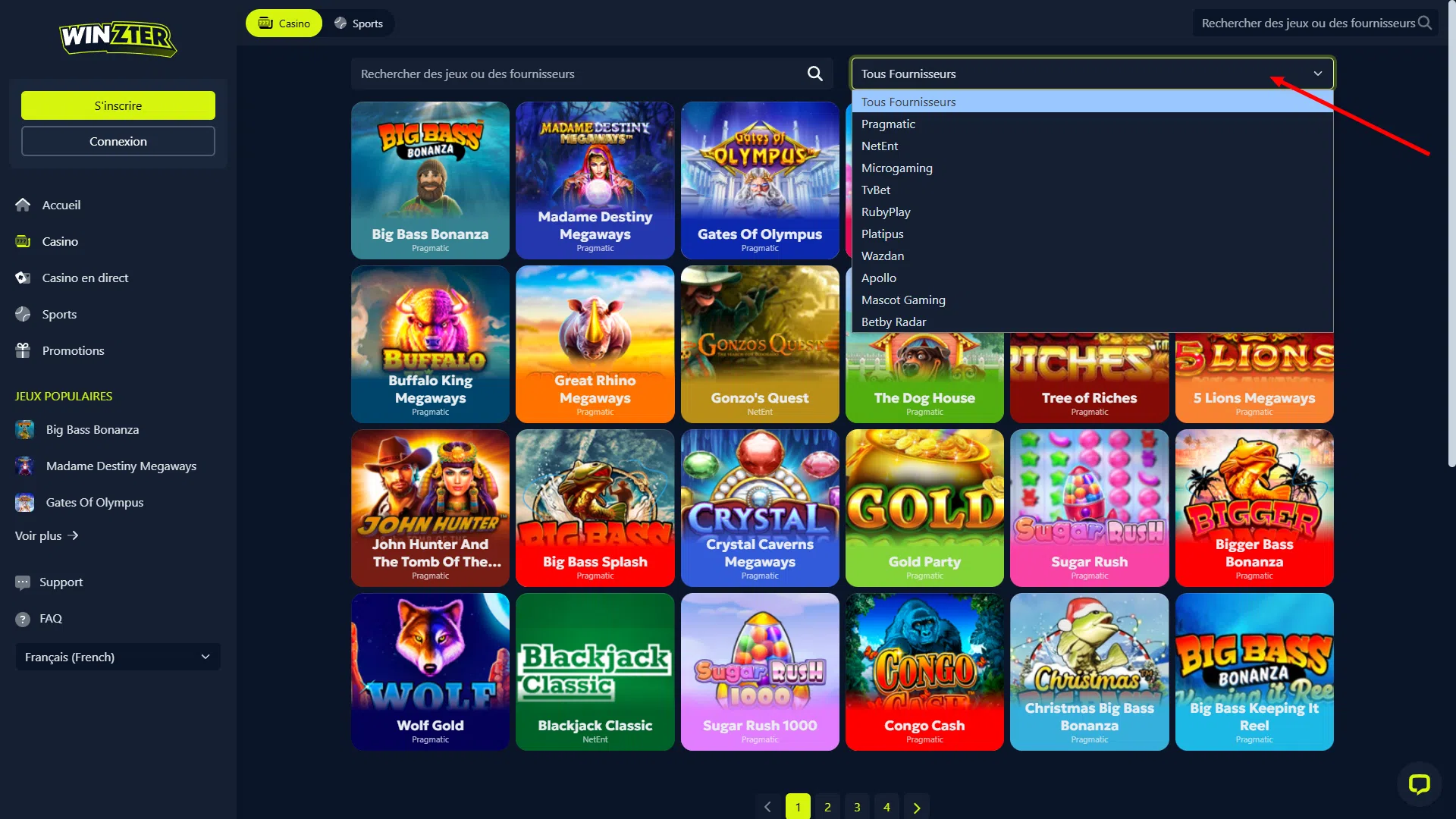 choix des jeux par fournisseur