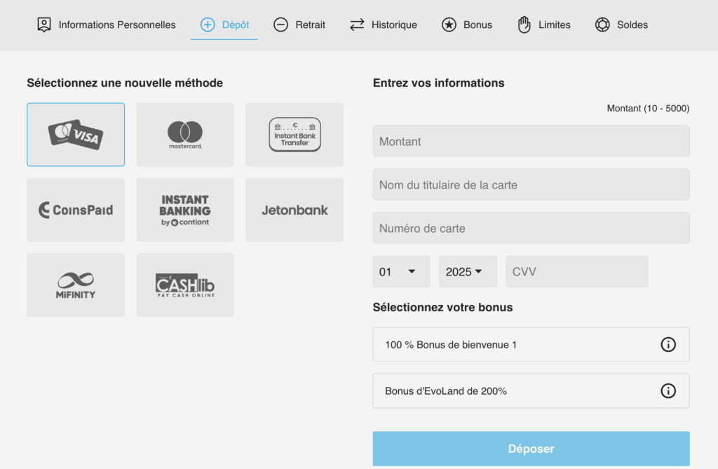 dépôts evolvebets