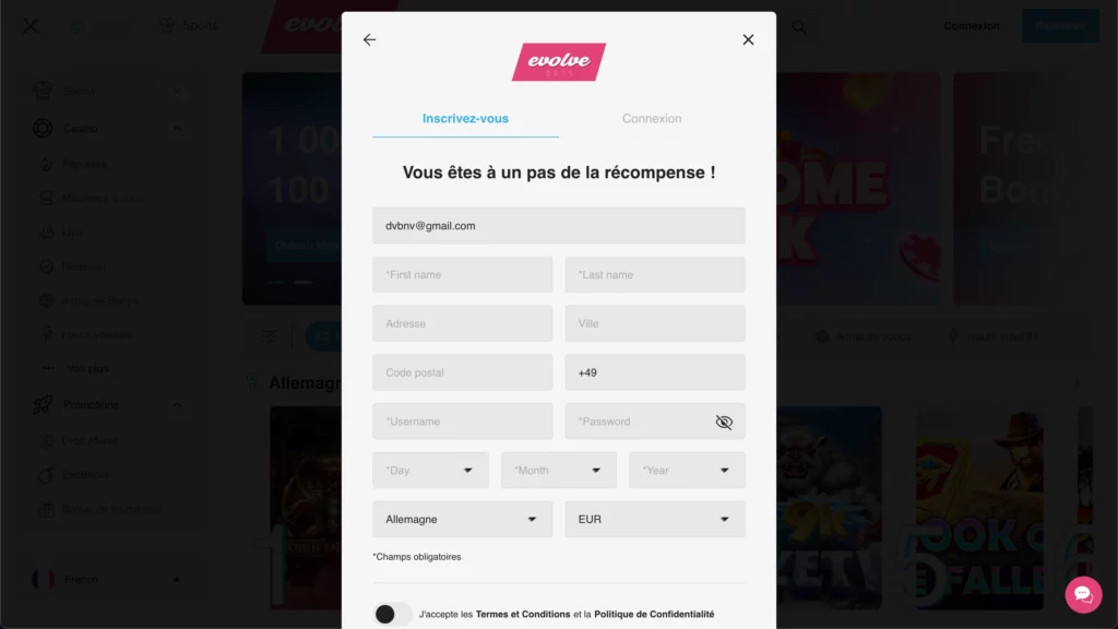 inscription evolvebets