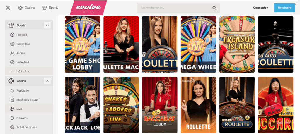 jeux live evolvebets