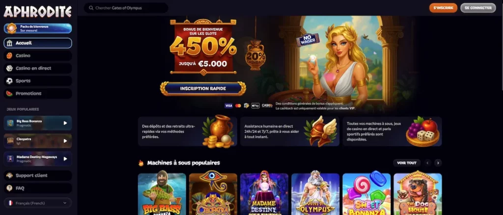 Aphrodite Casino | 450% jusqu’à 5 000€ | Test et Avis 2026