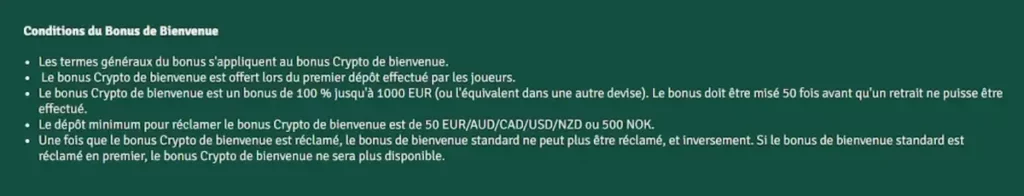 conditions Bonus de bienvenue casino bitcoin