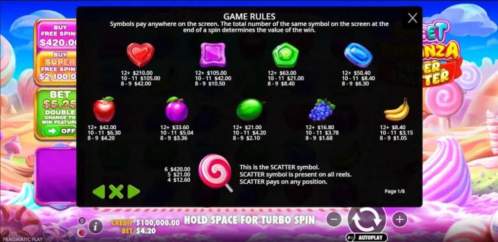 sweet bonanza super scatter symboles