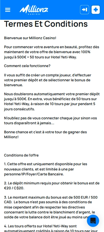 Bonus sans wager sur Millionz