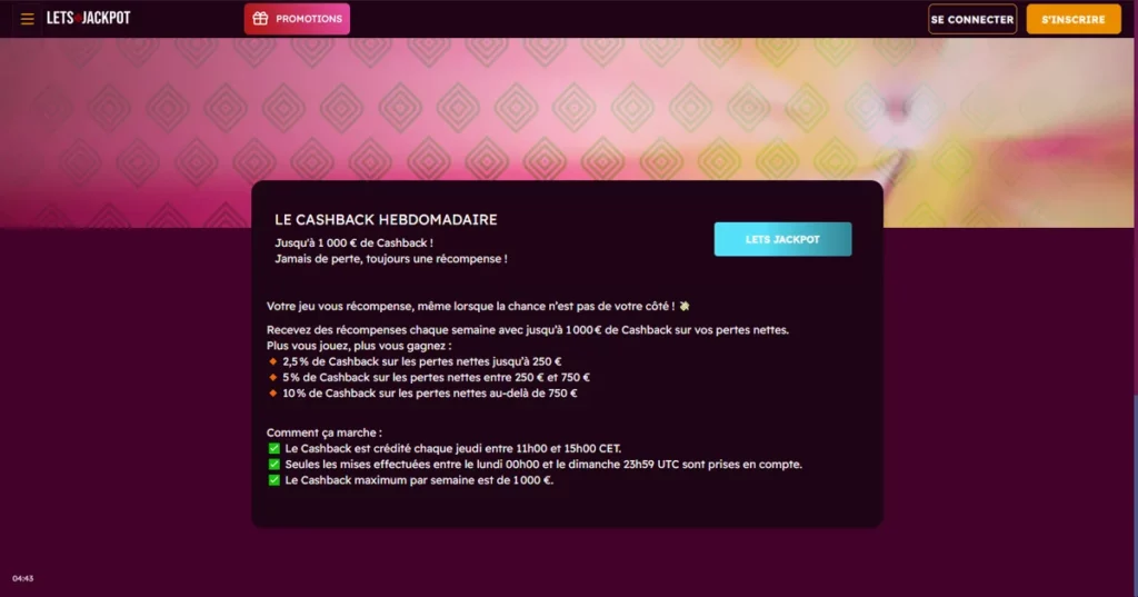 Le cashback de LetsJackpot