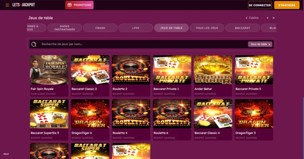 Les jeux de table sur Lets Jackpot